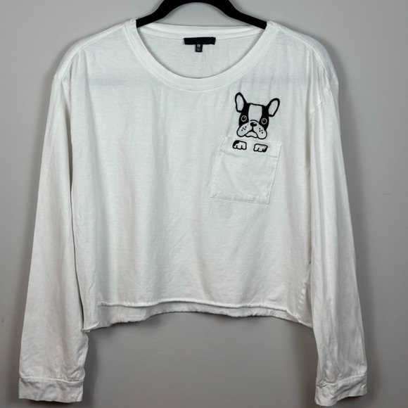 Messy Bun Just Chilling long sleeve white Dog Face Graphic Crop Tee Womens L - Picture 1 of 9